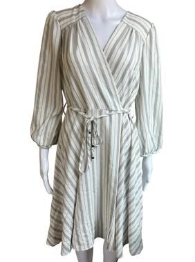Calvin Klein Dress Womens 10 NWT Striped Midi Wrap Dress Puff Sleeve Belted